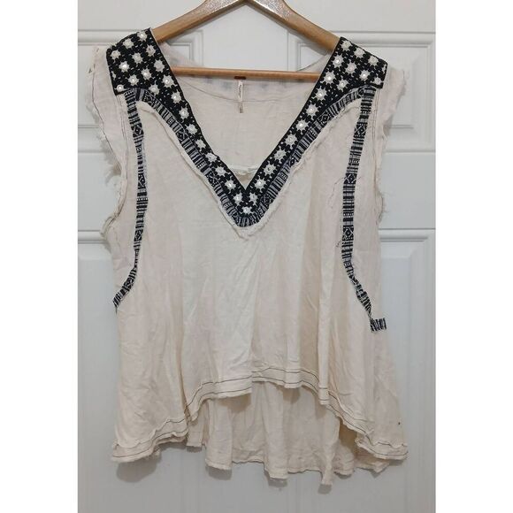 Free People womens small cream beige boho top patchwork shirt decorated - Picture 1 of 9